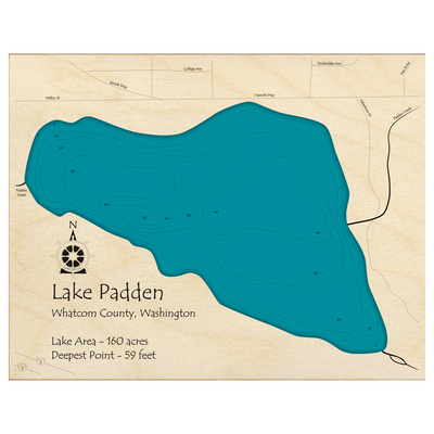 Bathymetric topo map of Lake Padden, WA with roads, towns and depths noted in blue water.