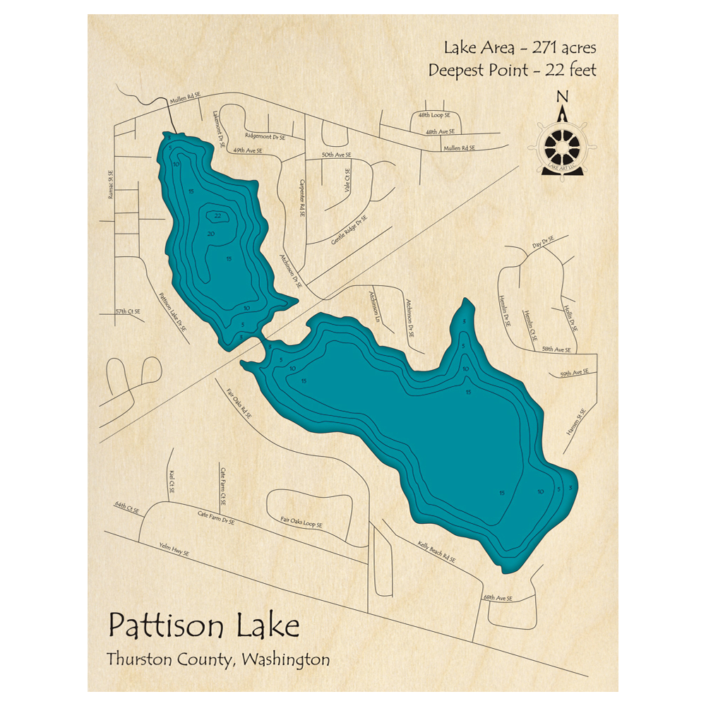 Bathymetric topo map of Pattison Lake, WA with roads, towns and depths noted in blue water.