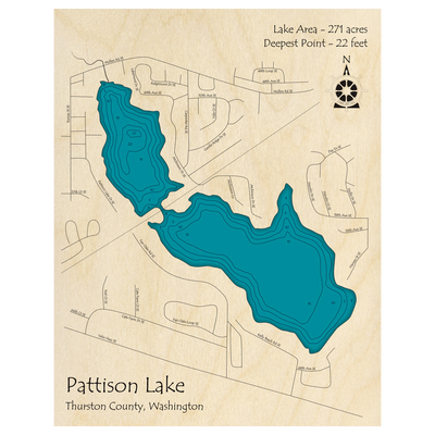 Bathymetric topo map of Pattison Lake, WA with roads, towns and depths noted in blue water.