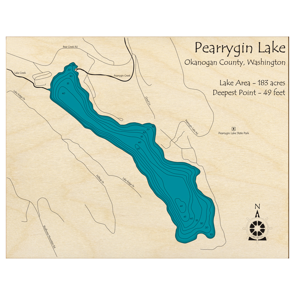 Bathymetric topo map of Pearrygin Lake, WA with roads, towns and depths noted in blue water.
