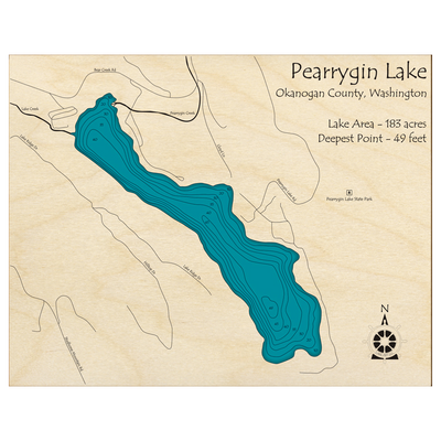 Bathymetric topo map of Pearrygin Lake, WA with roads, towns and depths noted in blue water.