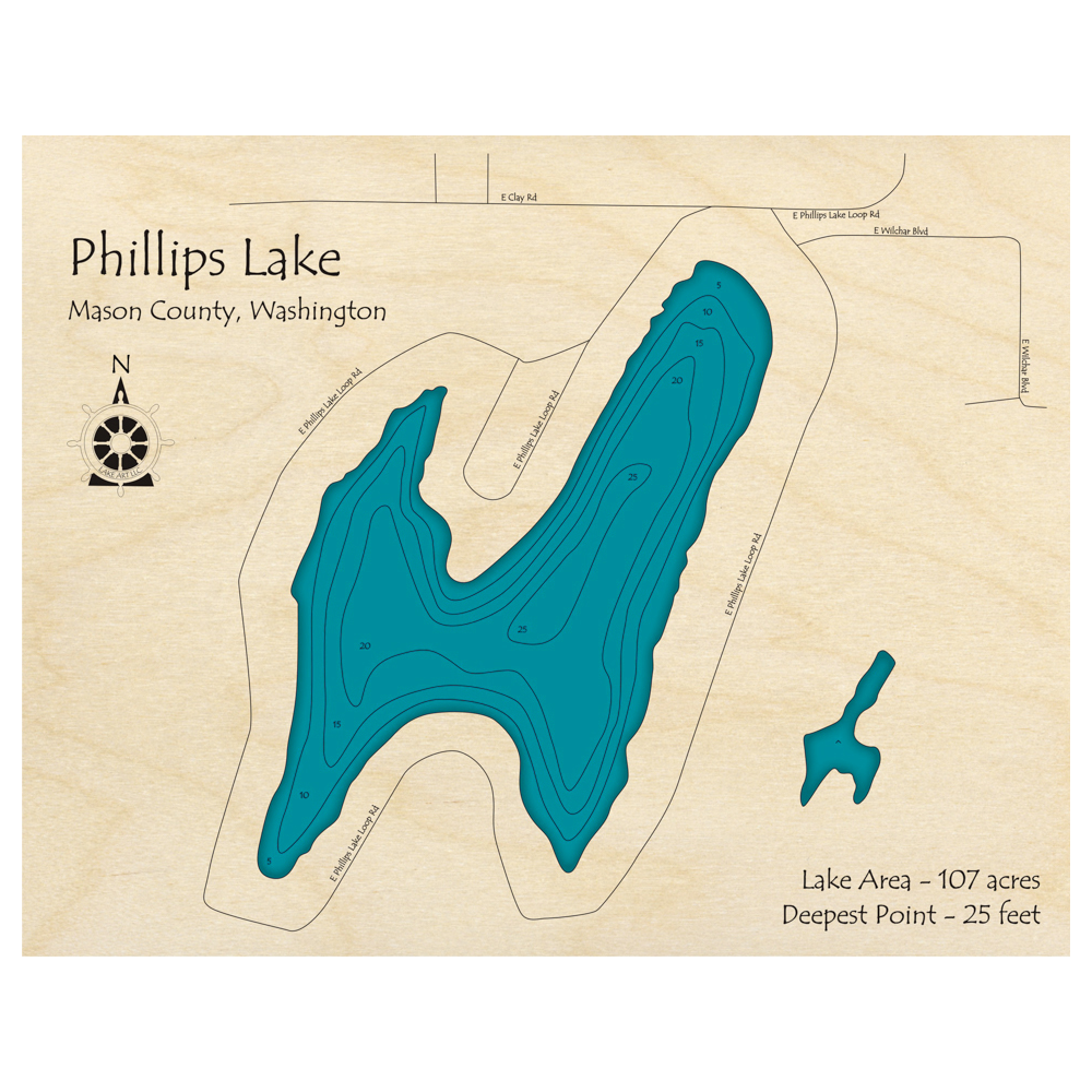 Bathymetric topo map of Phillips Lake, WA with roads, towns and depths noted in blue water.