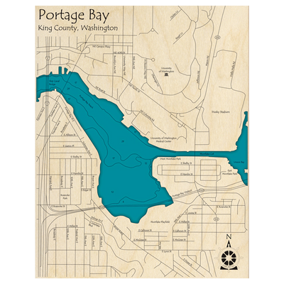 Bathymetric topo map of Portage Bay, WA with roads, towns and depths noted in blue water.