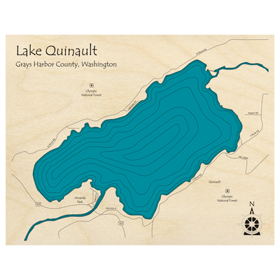 Bathymetric topo map of Lake Quinault, WA with roads, towns and depths noted in blue water.
