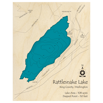 Bathymetric topo map of Rattlesnake Lake, WA with roads, towns and depths noted in blue water.