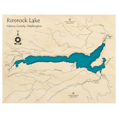 Bathymetric topo map of Rimrock Lake, WA with roads, towns and depths noted in blue water.