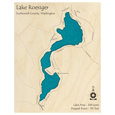 Bathymetric topo map of Lake Roesiger, WA with roads, towns and depths noted in blue water.