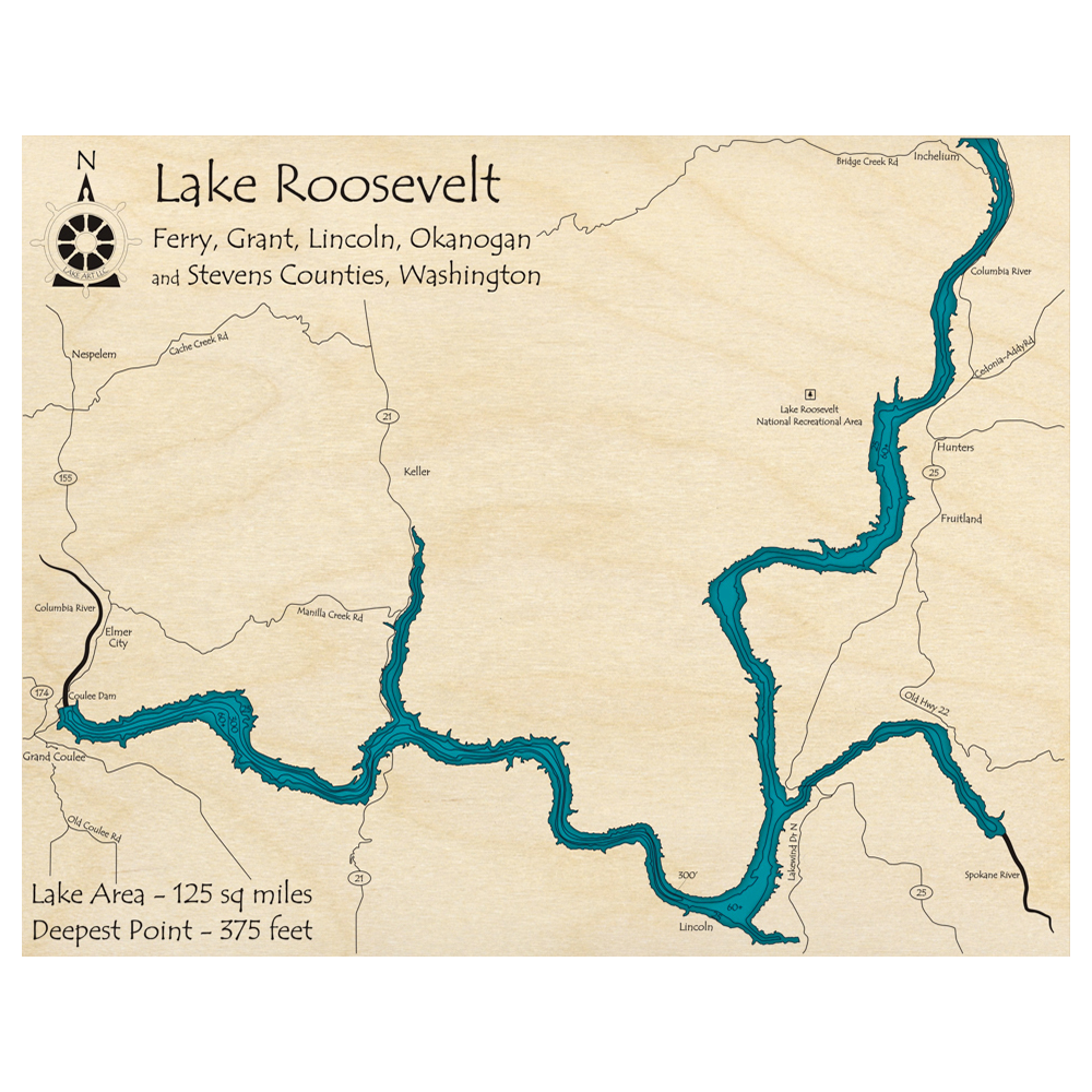 Bathymetric topo map of Lake Roosevelt, WA with roads, towns and depths noted in blue water.