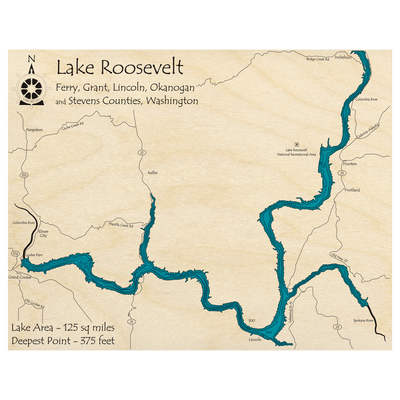 Bathymetric topo map of Lake Roosevelt, WA with roads, towns and depths noted in blue water.