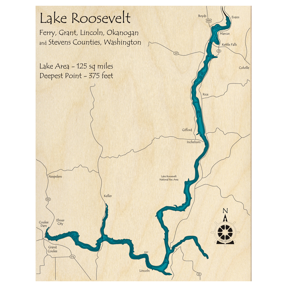 Bathymetric topo map of Lake Roosevelt, WA with roads, towns and depths noted in blue water.