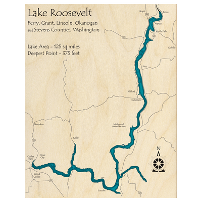 Bathymetric topo map of Lake Roosevelt, WA with roads, towns and depths noted in blue water.
