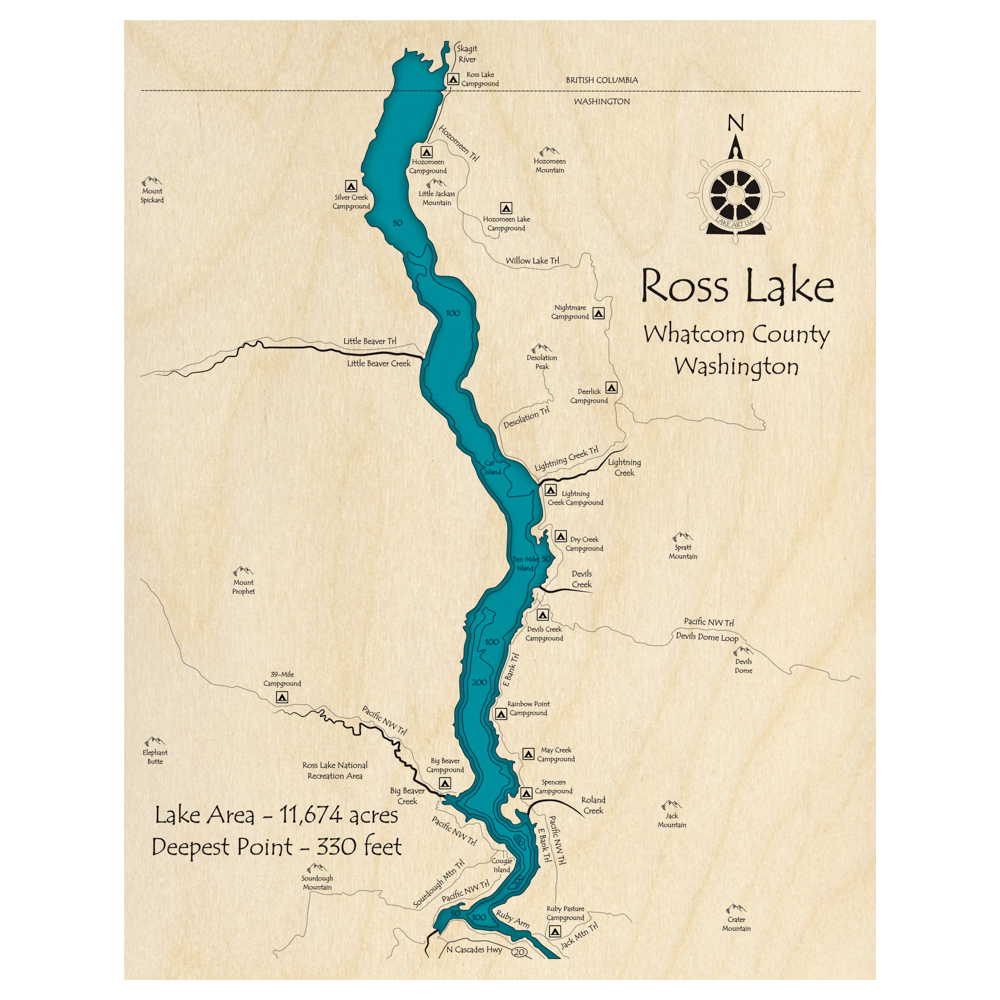 Bathymetric topo map of Ross Lake, WA with roads, towns and depths noted in blue water.