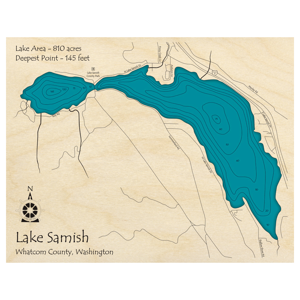 Bathymetric topo map of Lake Samish, WA with roads, towns and depths noted in blue water.