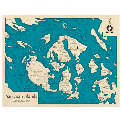 Bathymetric topo map of San Juan and Gulf Islands, WA with roads, towns and depths noted in blue water.