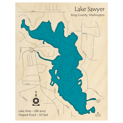 Bathymetric topo map of Lake Sawyer, WA with roads, towns and depths noted in blue water.