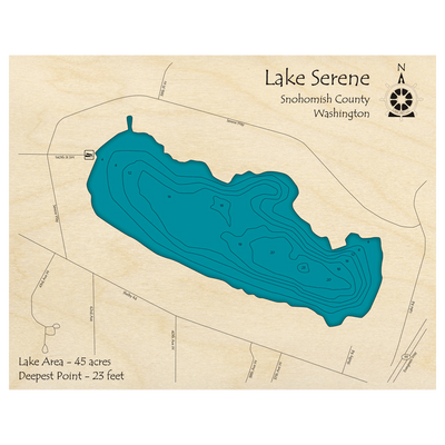 Bathymetric topo map of Lake Serene, WA with roads, towns and depths noted in blue water.