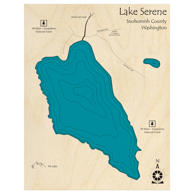 Bathymetric topo map of Lake Serene, WA with roads, towns and depths noted in blue water.