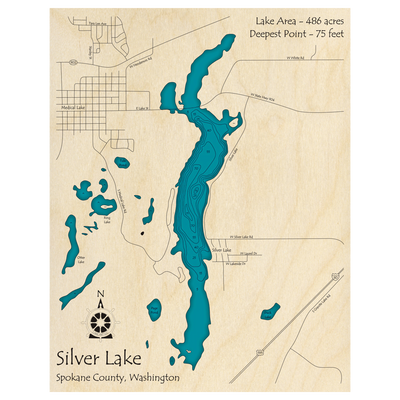 Bathymetric topo map of Silver Lake, WA with roads, towns and depths noted in blue water.