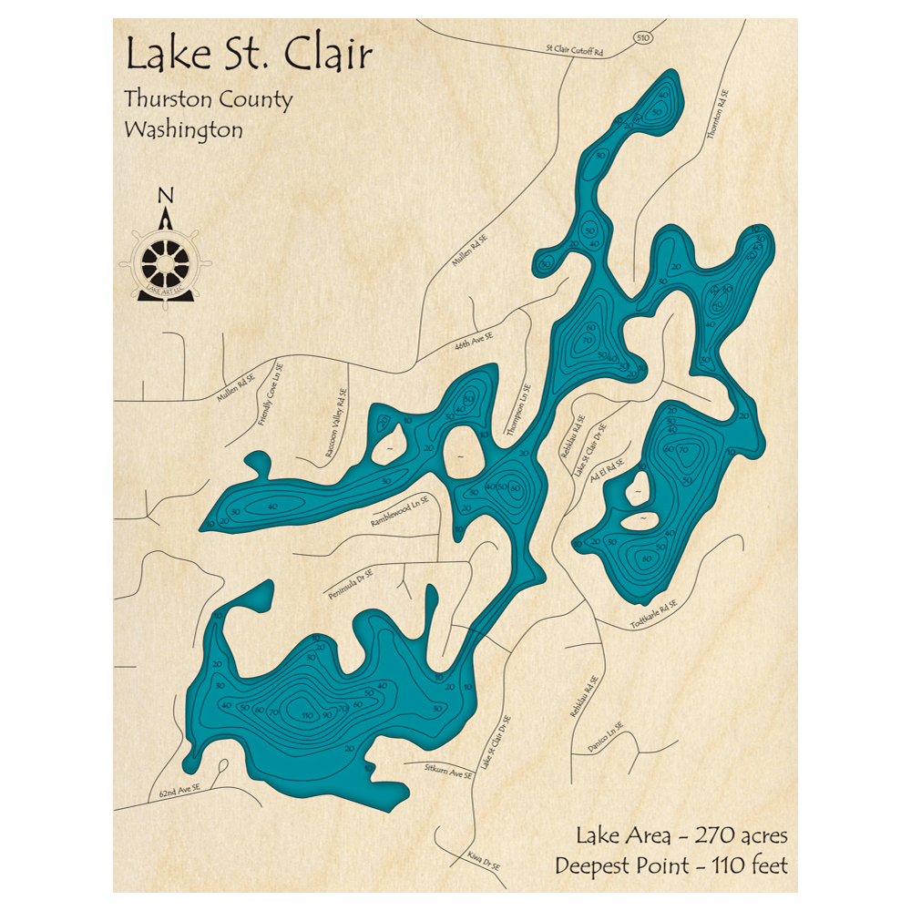 Bathymetric topo map of Lake St Clair, WA with roads, towns and depths noted in blue water.