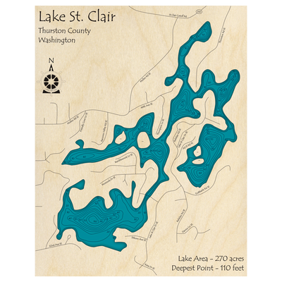 Bathymetric topo map of Lake St Clair, WA with roads, towns and depths noted in blue water.