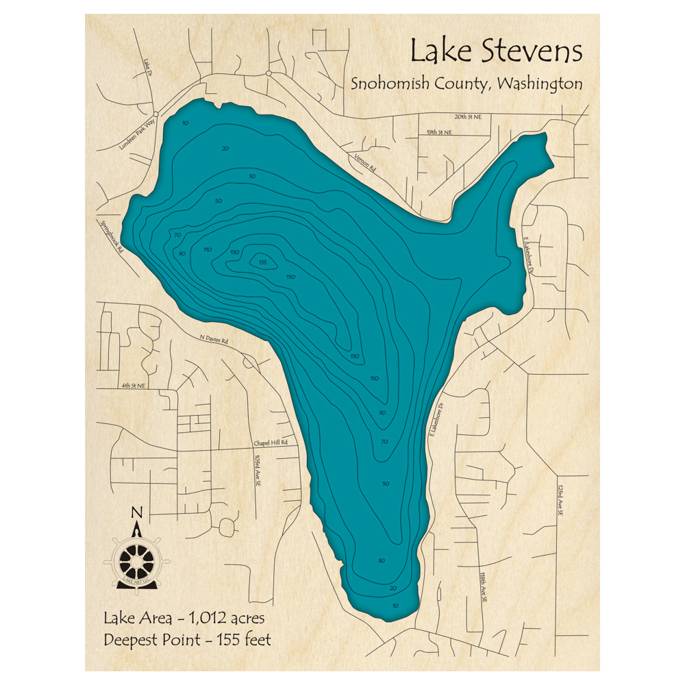 Bathymetric topo map of Lake Stevens, WA with roads, towns and depths noted in blue water.