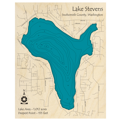 Bathymetric topo map of Lake Stevens, WA with roads, towns and depths noted in blue water.