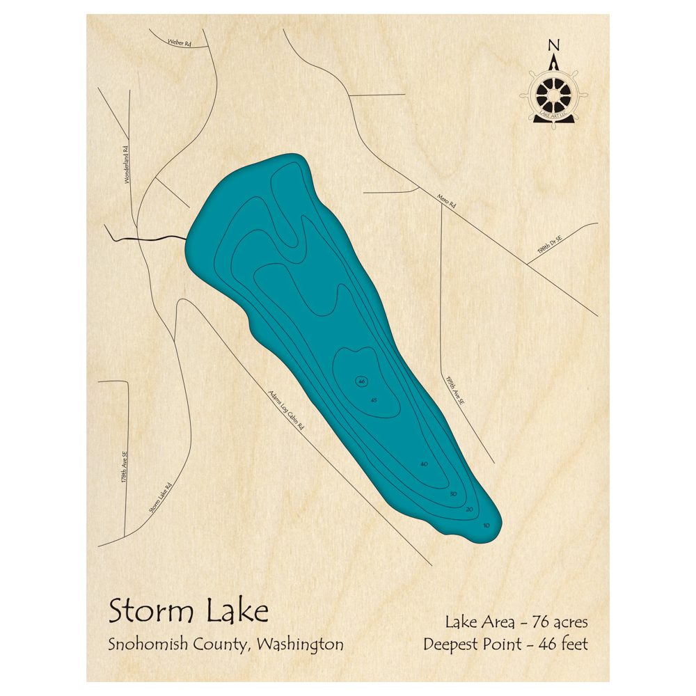 Bathymetric topo map of Storm Lake, WA with roads, towns and depths noted in blue water.