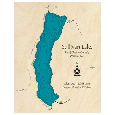 Bathymetric topo map of Sullivan Lake, WA with roads, towns and depths noted in blue water.