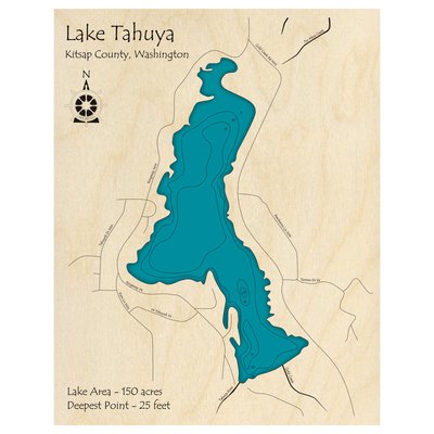 Bathymetric topo map of Tahuya Lake, WA with roads, towns and depths noted in blue water.