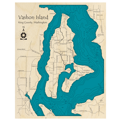 Bathymetric topo map of Vashon Island, WA with roads, towns and depths noted in blue water.