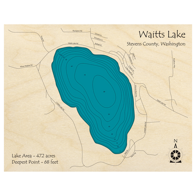 Bathymetric topo map of Waitts Lake, WA with roads, towns and depths noted in blue water.
