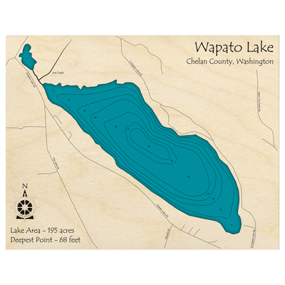 Bathymetric topo map of Wapato Lake, WA with roads, towns and depths noted in blue water.