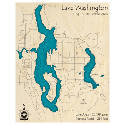 Bathymetric topo map of Lake Washington, WA with roads, towns and depths noted in blue water.