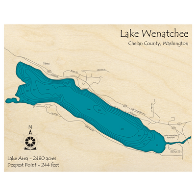 Bathymetric topo map of Lake Wenatchee, WA with roads, towns and depths noted in blue water.