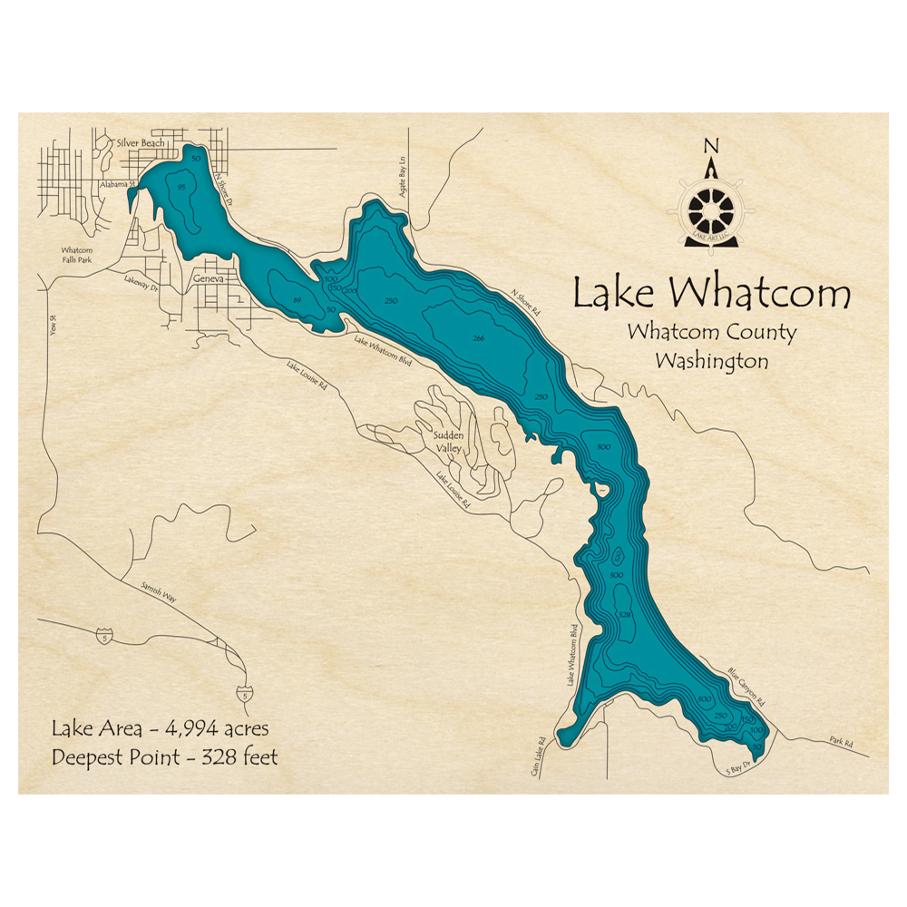 Bathymetric topo map of Lake Whatcom, WA with roads, towns and depths noted in blue water.