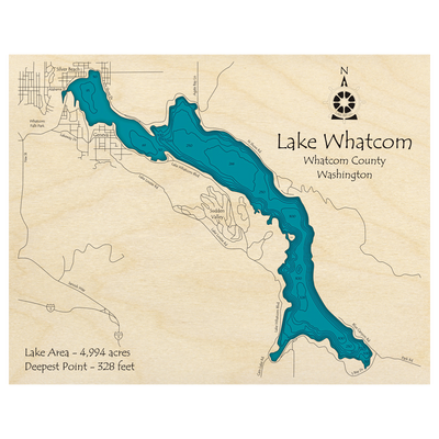 Bathymetric topo map of Lake Whatcom, WA with roads, towns and depths noted in blue water.