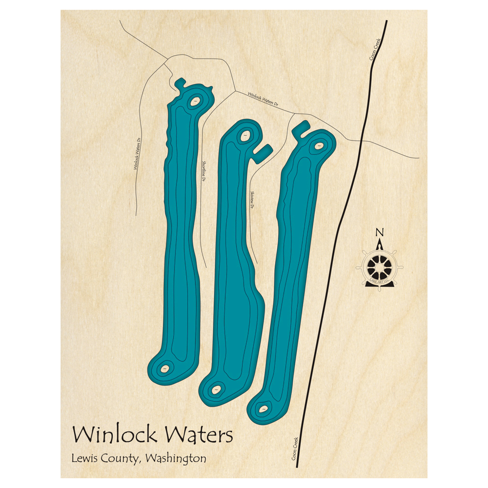 Bathymetric topo map of Winlock Waters, WA with roads, towns and depths noted in blue water.
