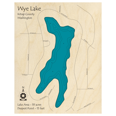 Bathymetric topo map of Wye Lake, WA with roads, towns and depths noted in blue water.