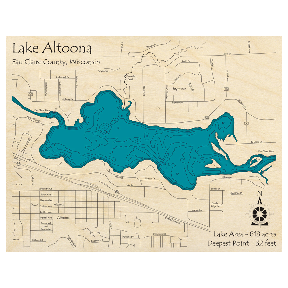 Bathymetric topo map of Lake Altoona, WI with roads, towns and depths noted in blue water.
