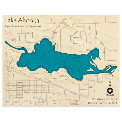 Bathymetric topo map of Lake Altoona, WI with roads, towns and depths noted in blue water.
