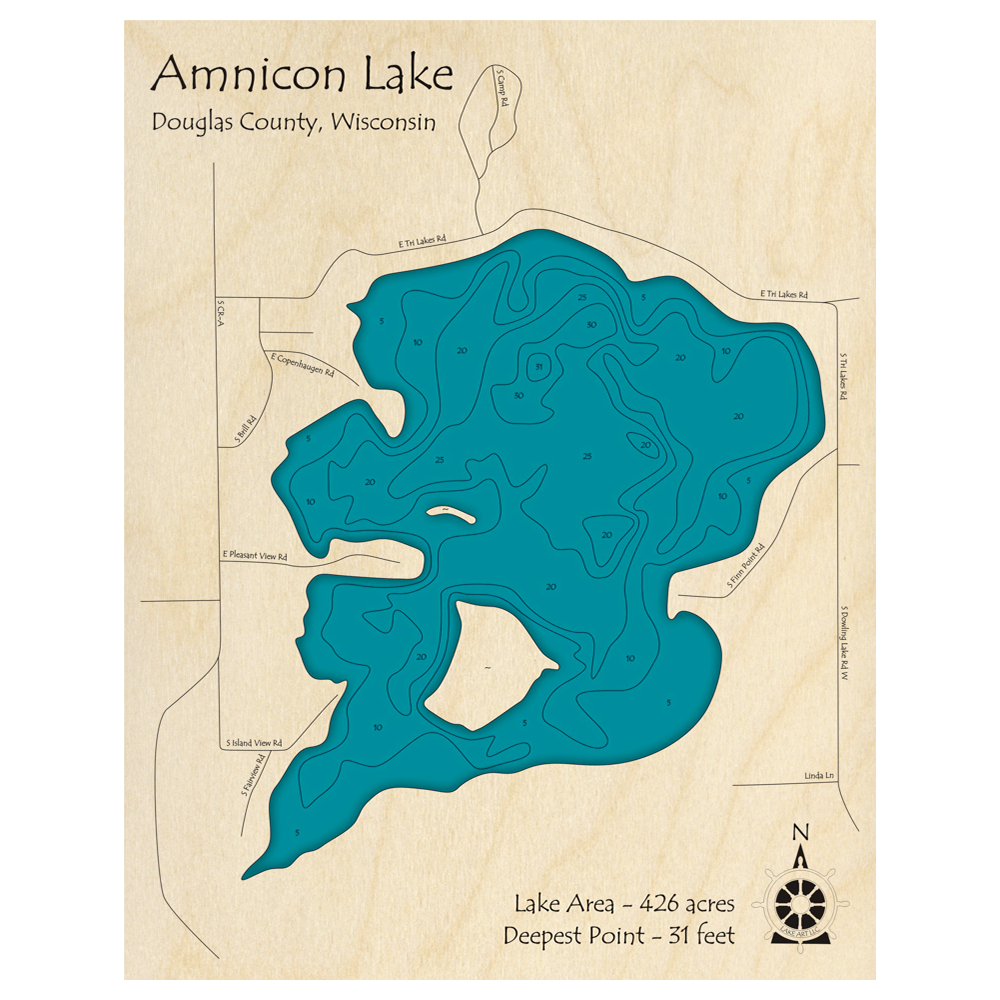 Bathymetric topo map of Amnicon Lake, WI with roads, towns and depths noted in blue water.