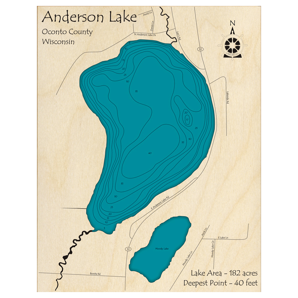Bathymetric topo map of Anderson Lake, WI with roads, towns and depths noted in blue water.