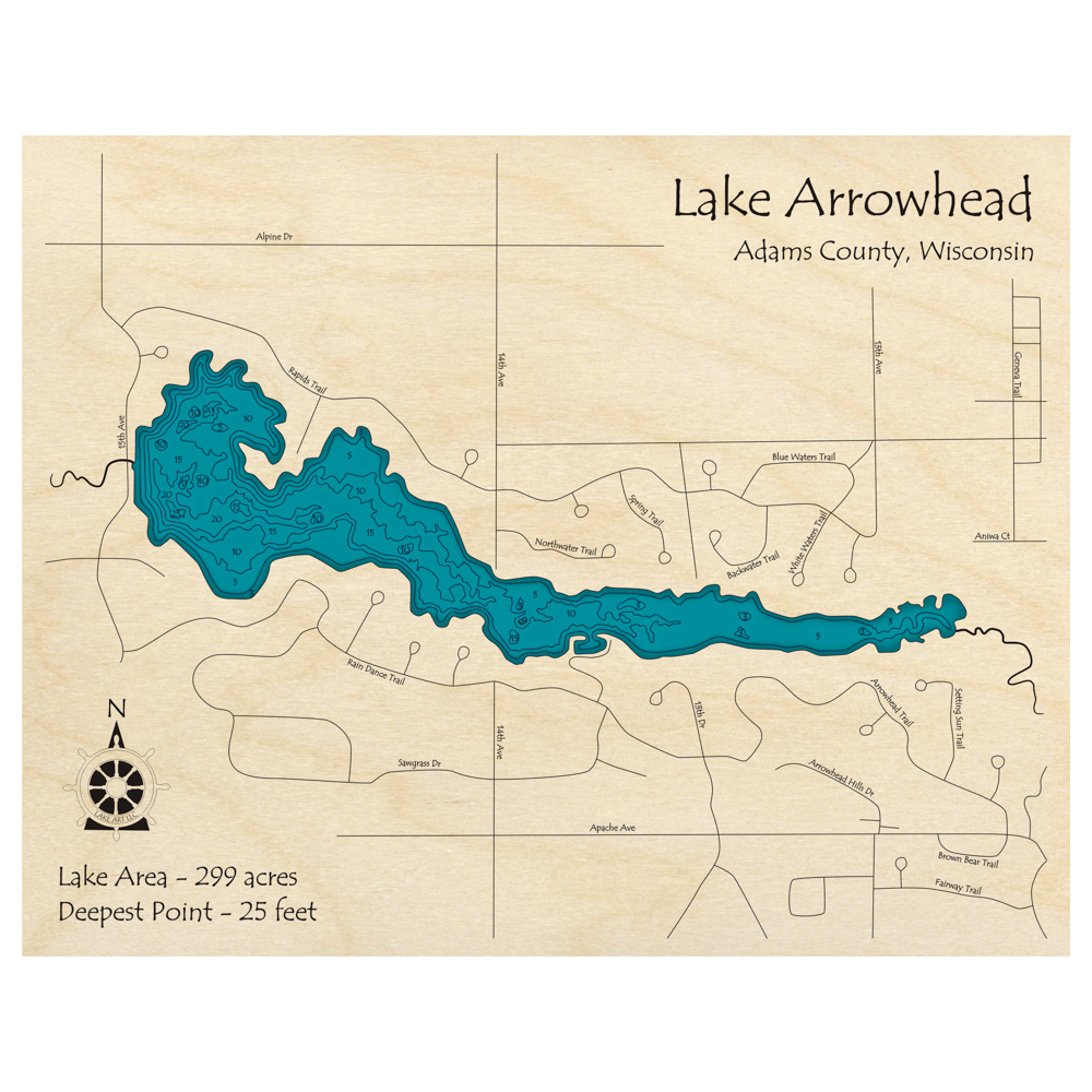Bathymetric topo map of Lake Arrowhead, WI with roads, towns and depths noted in blue water.