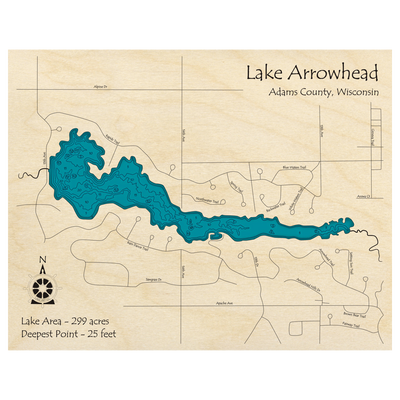Bathymetric topo map of Lake Arrowhead, WI with roads, towns and depths noted in blue water.