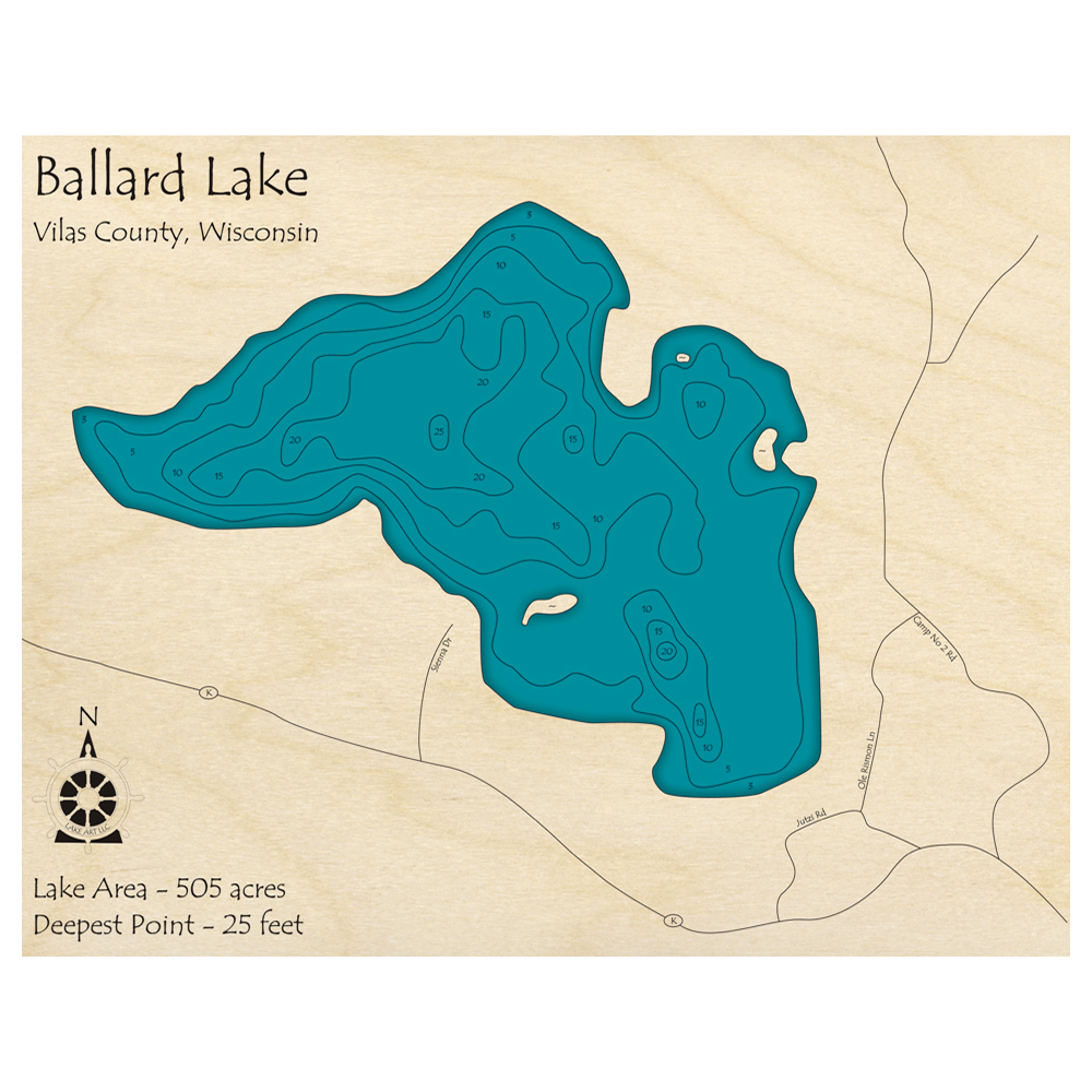 Bathymetric topo map of Ballard Lake, WI with roads, towns and depths noted in blue water.