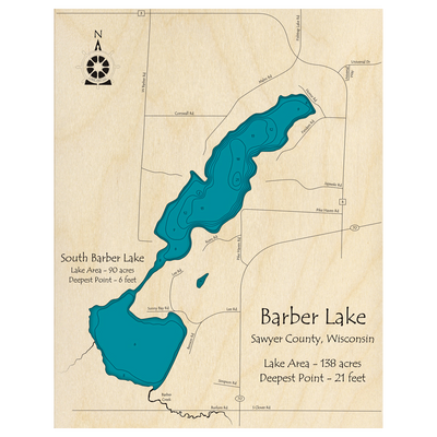 Bathymetric topo map of Barber Lake, WI with roads, towns and depths noted in blue water.