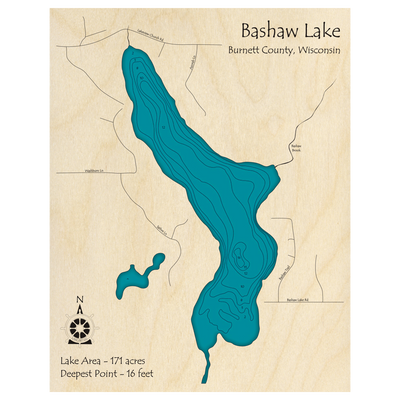 Bathymetric topo map of Bashaw Lake, WI with roads, towns and depths noted in blue water.