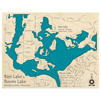 Bathymetric topo map of Bass Lake and Boom Lake, WI with roads, towns and depths noted in blue water.