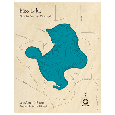 Bathymetric topo map of Bass Lake, WI with roads, towns and depths noted in blue water.
