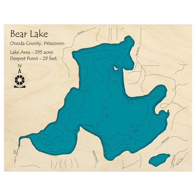 Bathymetric topo map of Bear Lake, WI with roads, towns and depths noted in blue water.